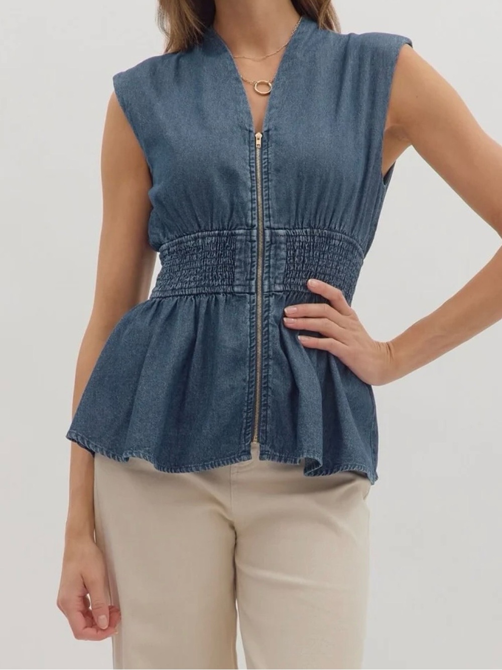 entro Blue Denim Zip-Peplum Sleeveless Top